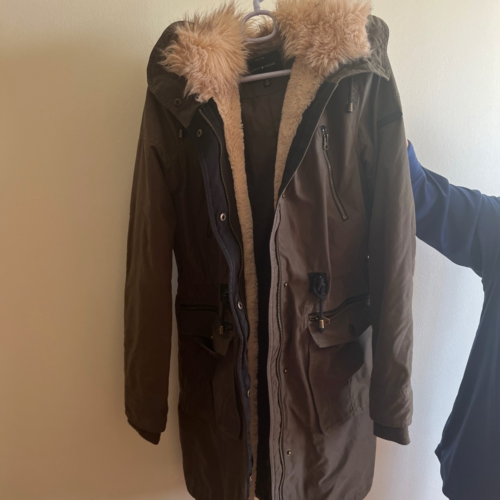 Lucky Brand Army Green Khaki Faux Fur Parka Jacket US women’s Medium